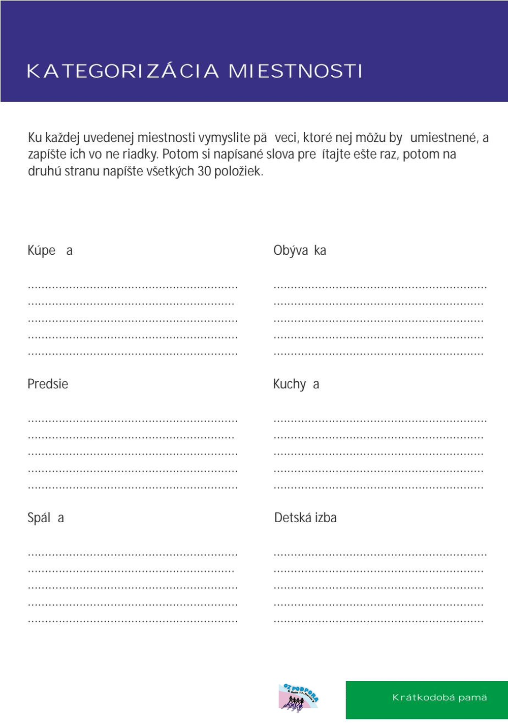 Pracovný list — Kategorizácia miestností