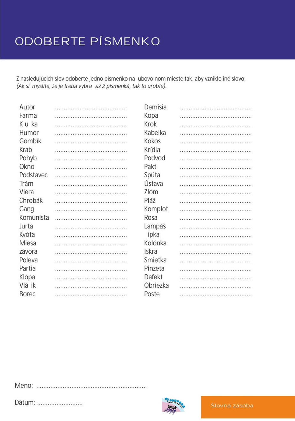 Pracovný list — Odoberte písmenko